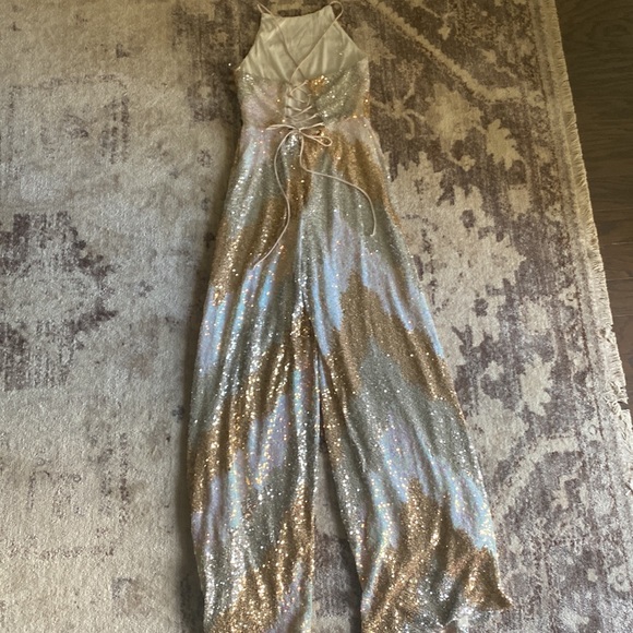 Main strip Sequin Jumpsuit. Gold, Light blue, Light pink, and white chevron. - Picture 5 of 6